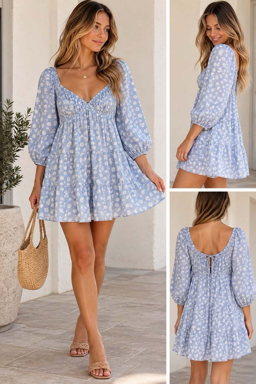 The Impeccable Pig Blue Floral Tiered Puff Sleeve Mini Dress L